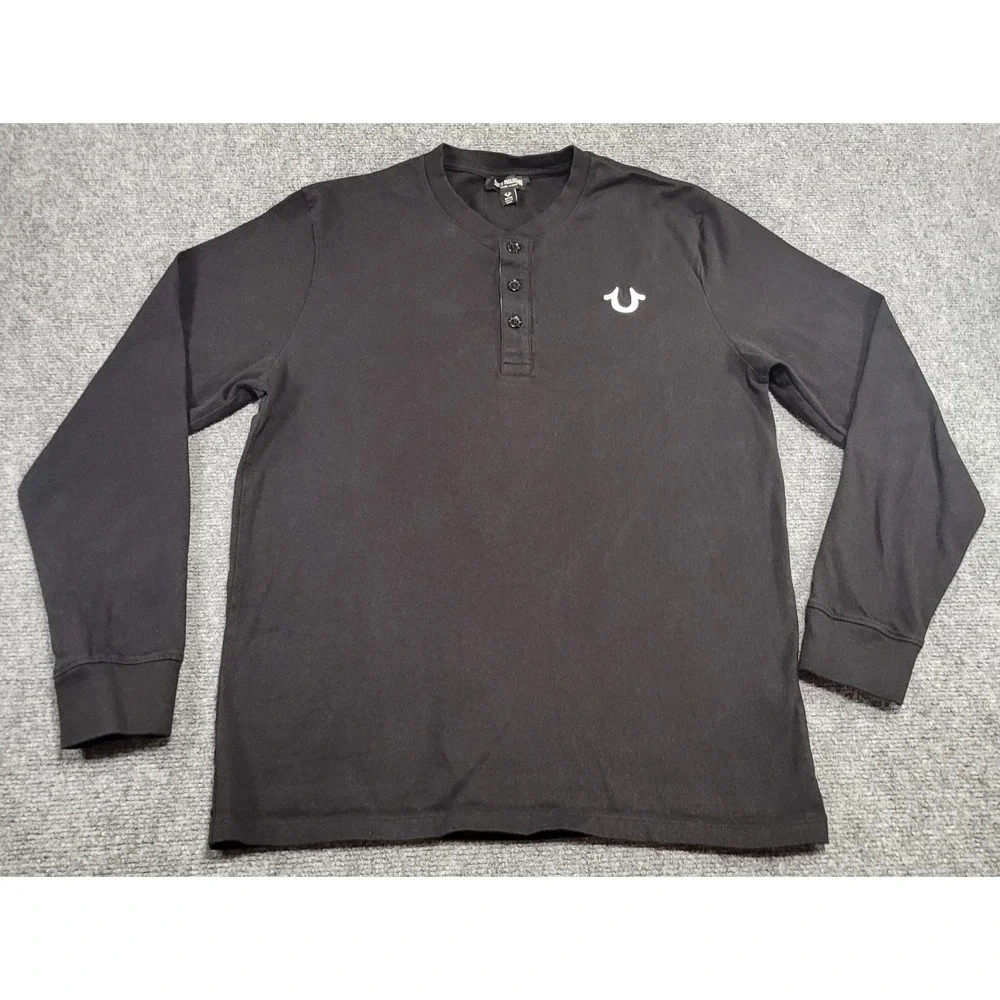 True Religion Men's Branded Henley Long Sleeve Black T-Shirt Size Large